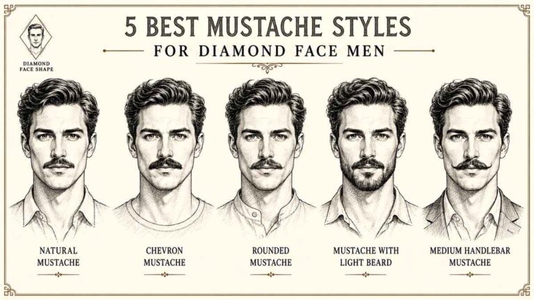 Vintage pencil sketch infographic showing 5 mustache styles for diamond face men including natural mustache, chevron, rounded, light beard combo, and medium handlebar mustache.