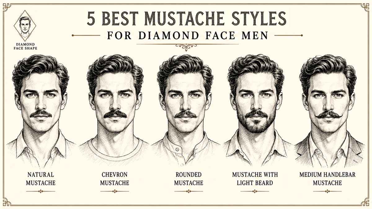 Vintage pencil sketch infographic showing 5 mustache styles for diamond face men including natural mustache, chevron, rounded, light beard combo, and medium handlebar mustache.