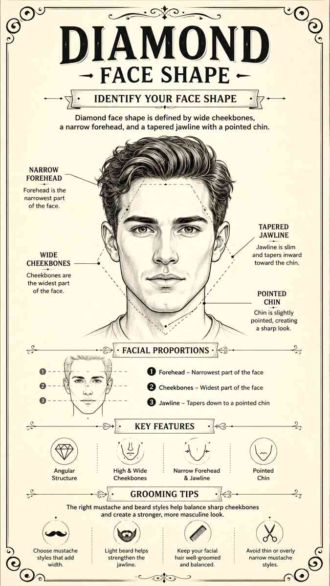 diamond face shape diagram for men showing wide cheekbones narrow forehead and pointed chin sketch