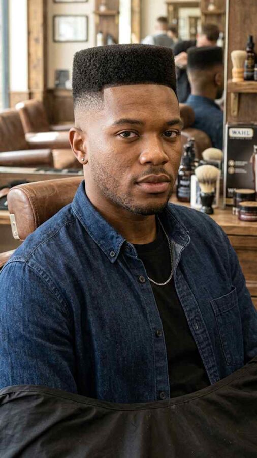 Retro flat top haircut with sharp hairstyle structure