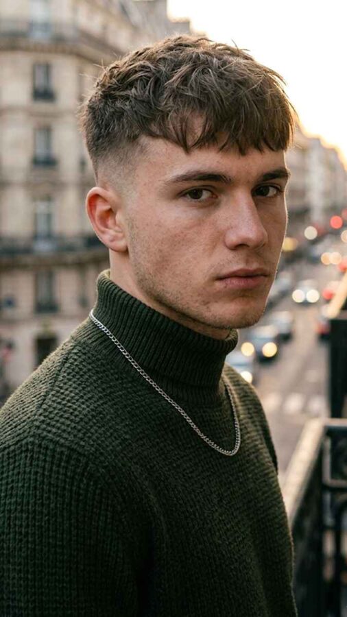 French crop haircut with textured fringe for men