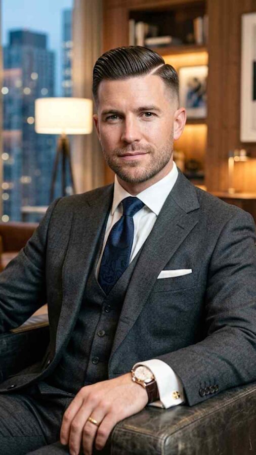 Hard part haircut with sharp side line for men