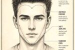 Vintage infographic showing heart face shape structure for men with wide forehead, defined cheeks, narrow chin, and soft jawline labels.