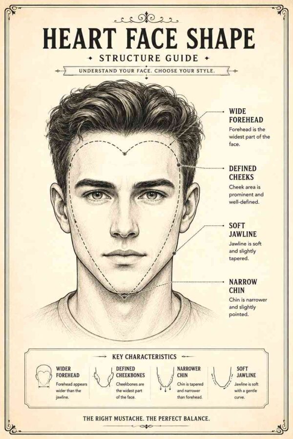 Vintage infographic showing heart face shape structure for men with wide forehead, defined cheeks, narrow chin, and soft jawline labels.