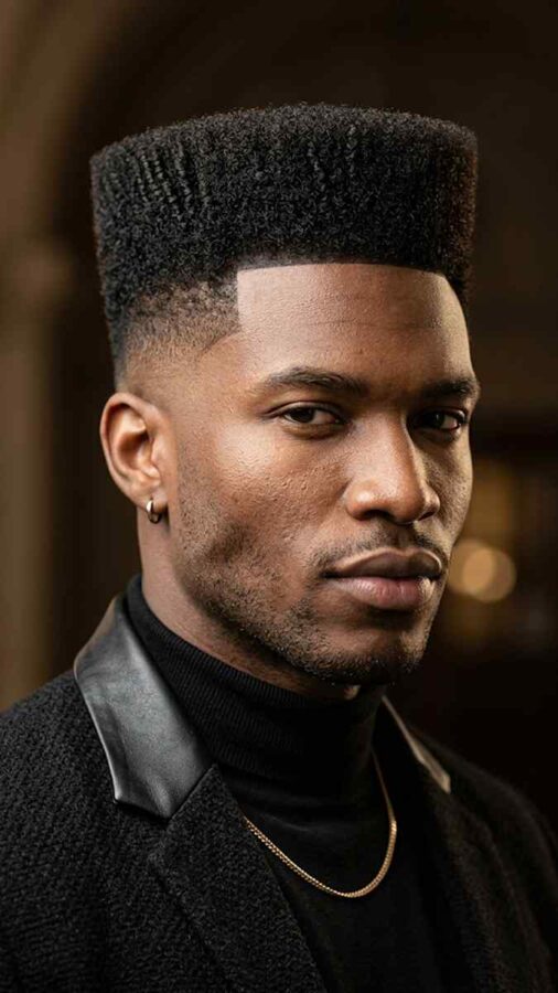 Retro high top fade hairstyle with geometric structure