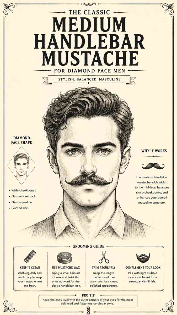 medium handlebar mustache style for diamond face men vintage pencil sketch illustration