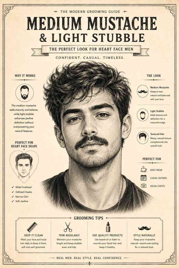 Vintage grooming infographic showing a medium mustache with light beard stubble style for men with heart-shaped faces.