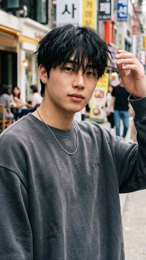 Messy fringe hairstyle with textured bangs for men