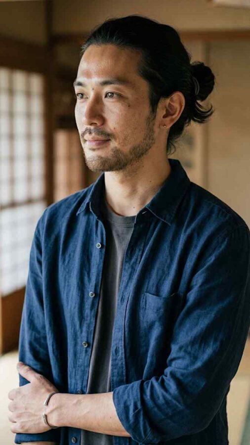 Modern man bun hairstyle with tied long hair
