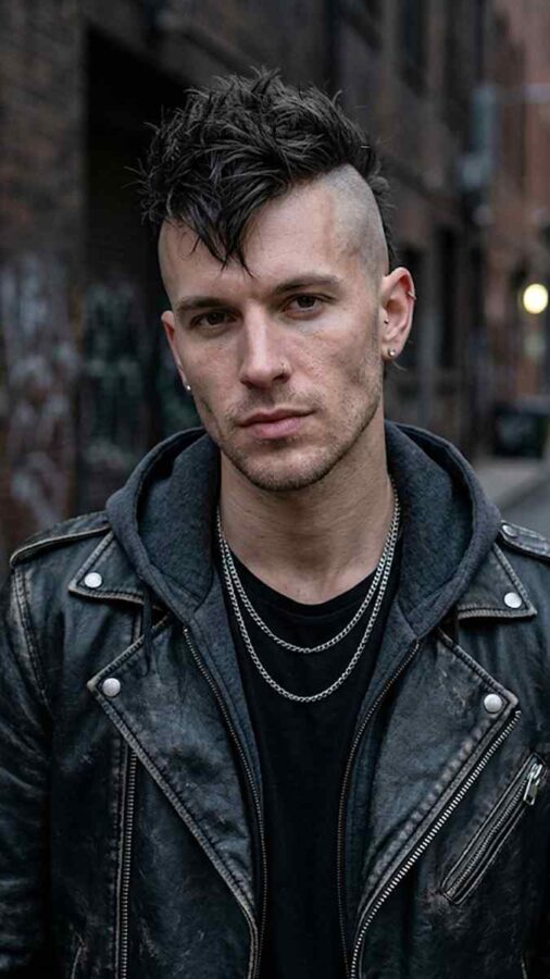 Mohawk fade hairstyle with textured mohawk strip