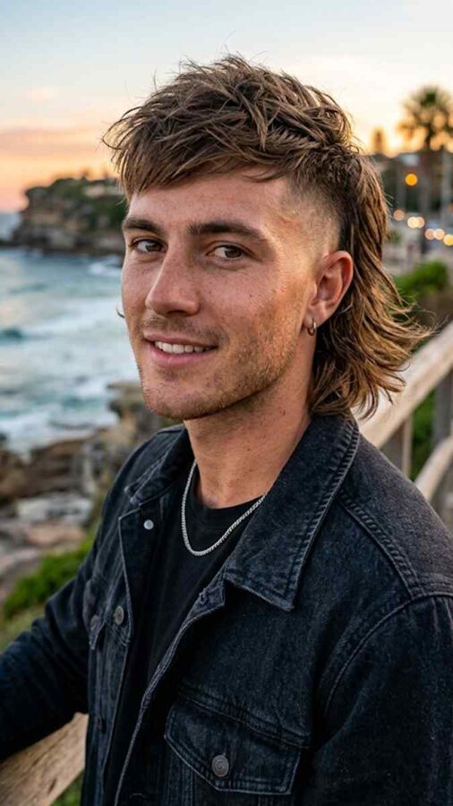 Modern mullet fade hairstyle with layered back hair
