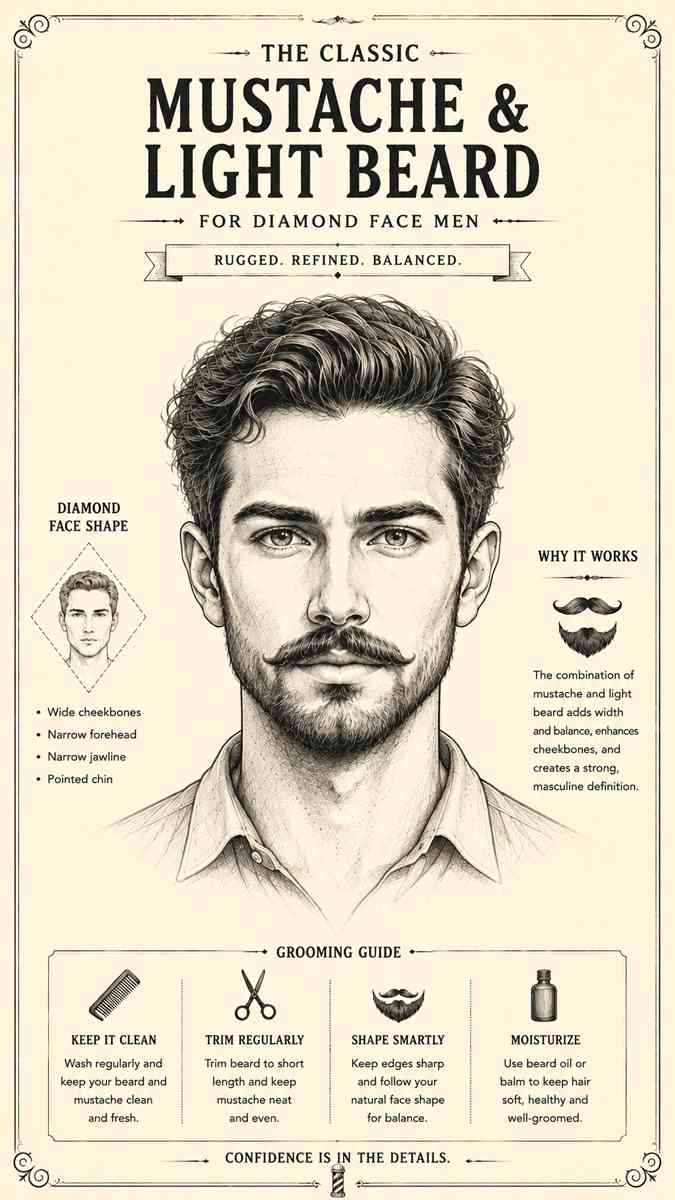 mustache with light beard style for diamond face men vintage pencil sketch illustration