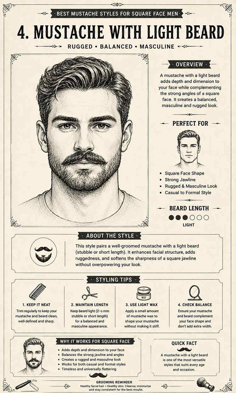 mustache with light beard style for square face men pencil sketch infographic illustration