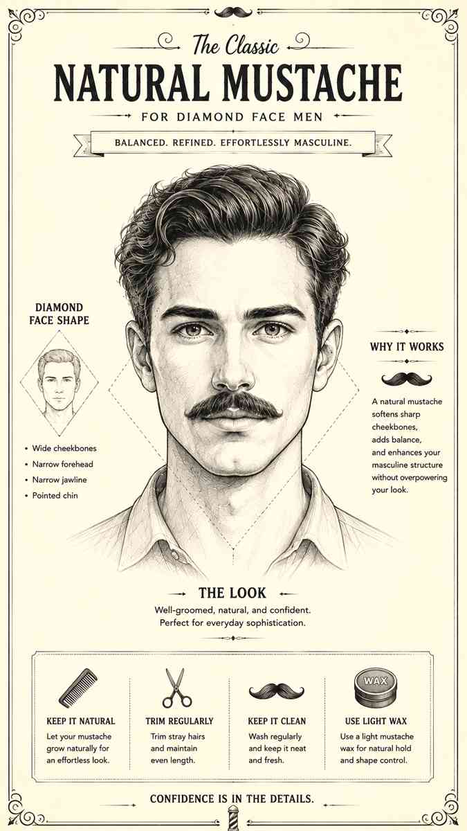 natural mustache style for diamond face men vintage pencil sketch illustration