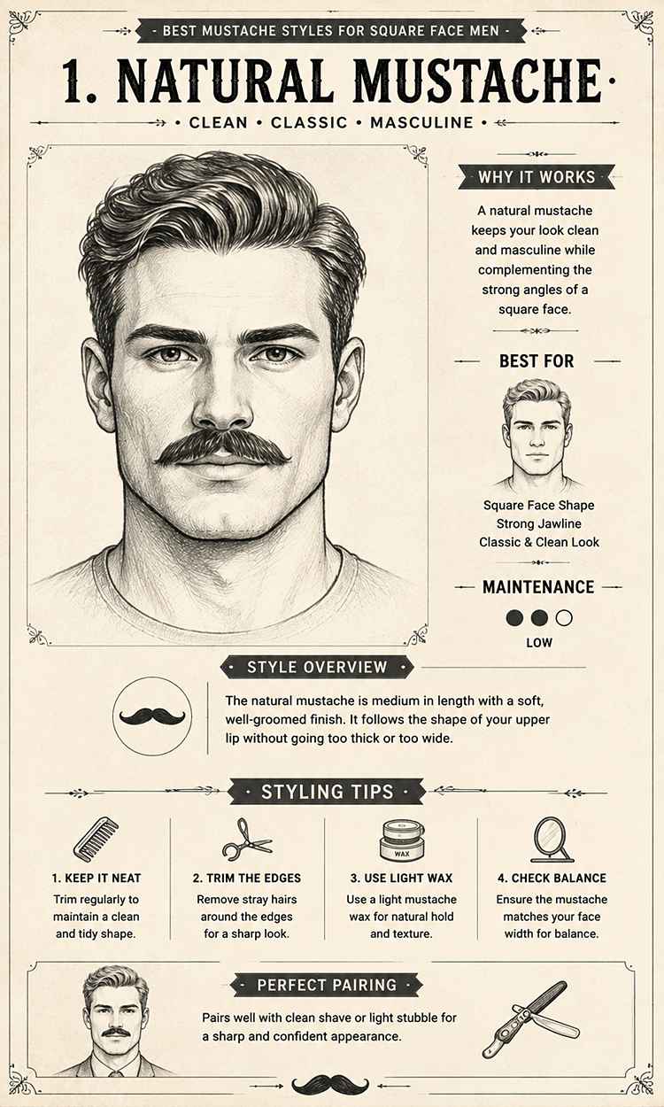 natural mustache style for square face men pencil sketch infographic illustration