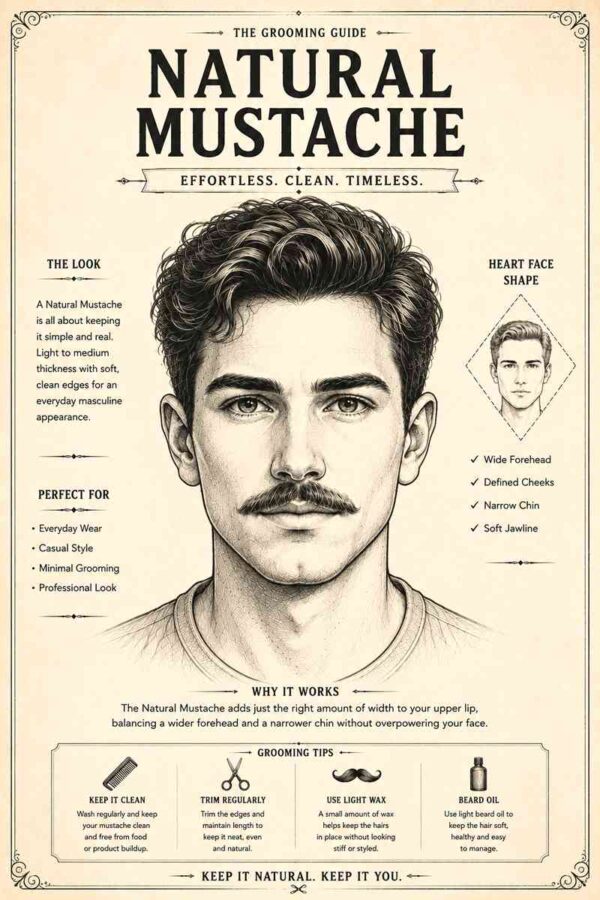 Vintage grooming poster showing a natural mustache style for men with heart-shaped faces and balanced masculine facial proportions.