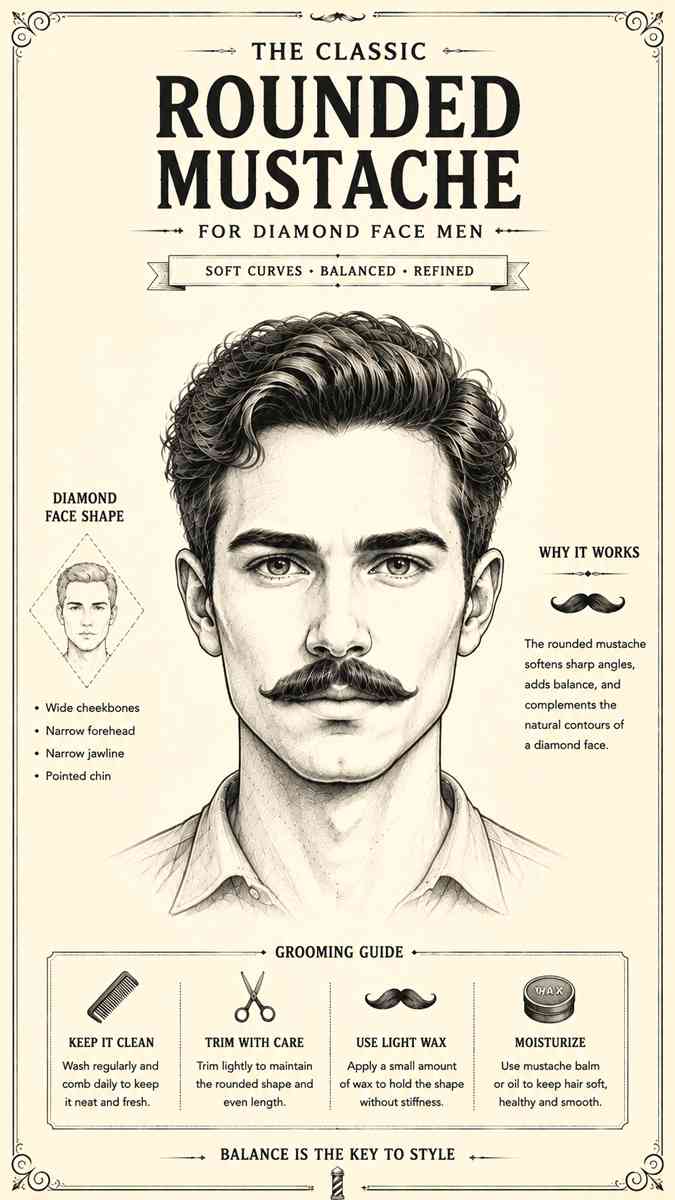 rounded mustache style for diamond face men vintage pencil sketch illustration