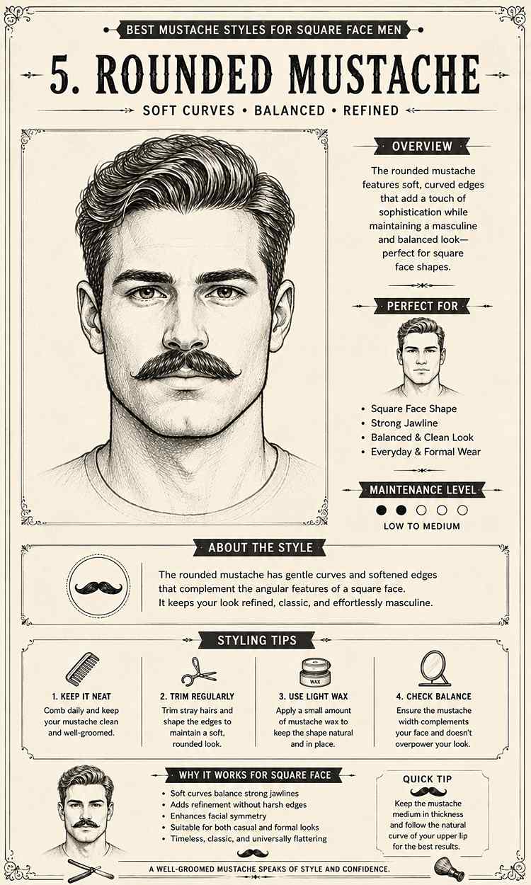 rounded mustache style for square face men pencil sketch infographic illustration