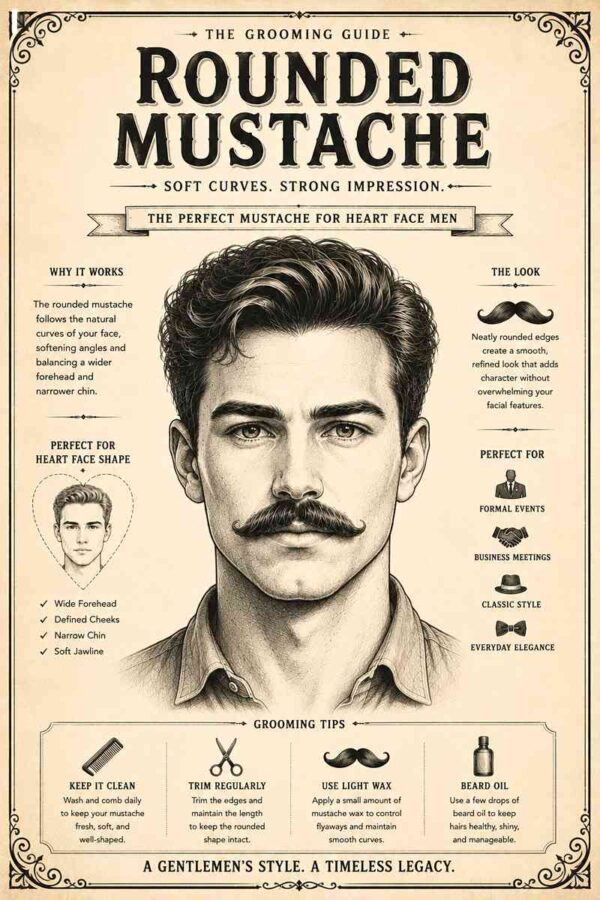 Vintage grooming infographic showing a rounded mustache style for men with heart-shaped faces and balanced masculine facial proportions.