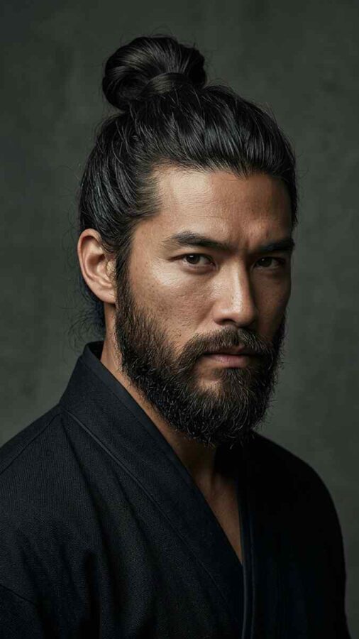 Samurai bun hairstyle with tied long hair for men