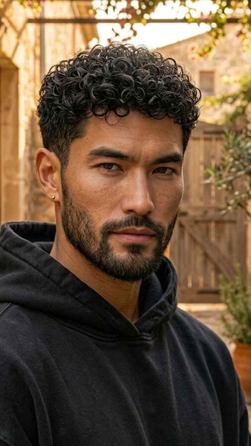 Short curly hairstyle with natural curl texture