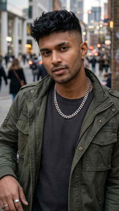 Skin fade hairstyle with textured top hair
