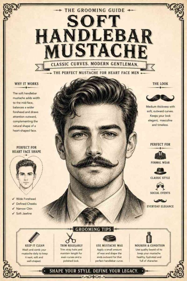 Vintage grooming infographic showing a soft handlebar mustache style for men with heart-shaped faces and balanced masculine features.
