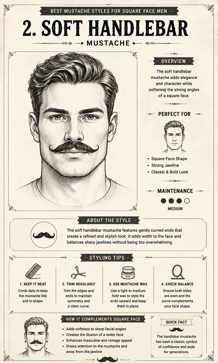 soft handlebar mustache style for square face men pencil sketch infographic illustration