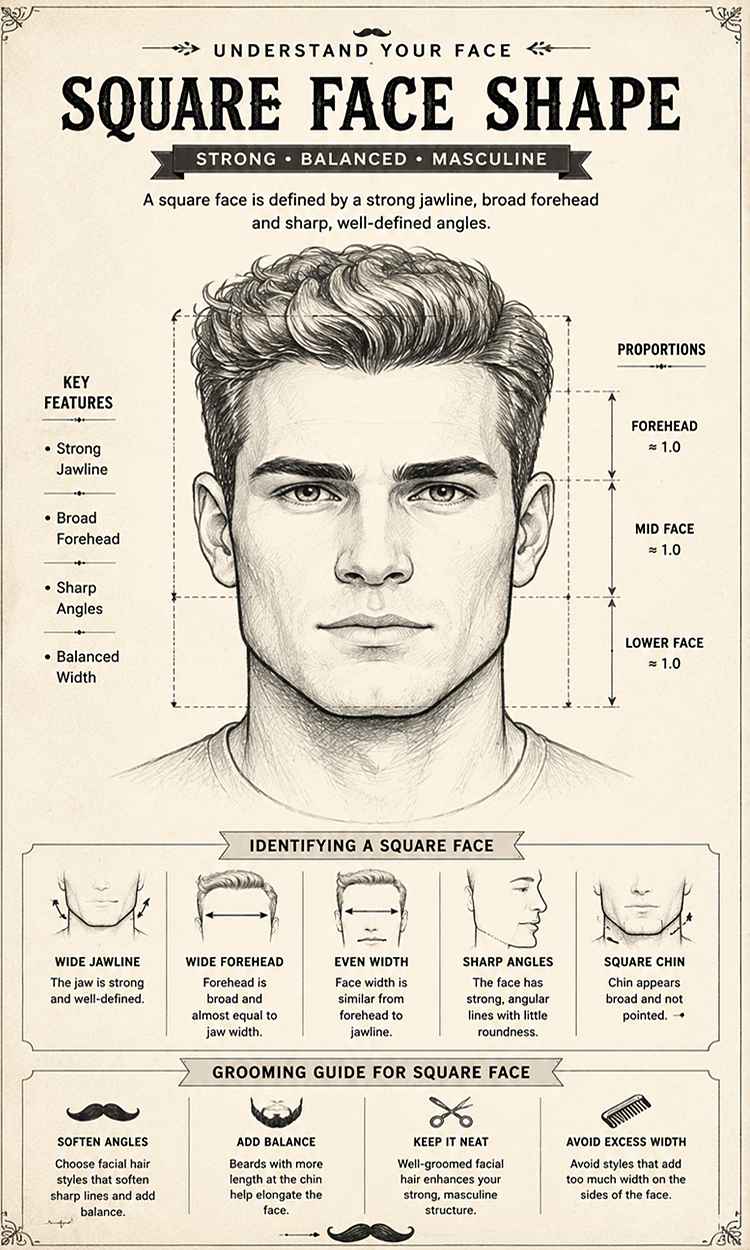 square face shape diagram for men showing strong jawline and balanced facial proportions sketch