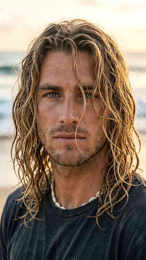 Long wavy surfer hairstyle with natural beach texture