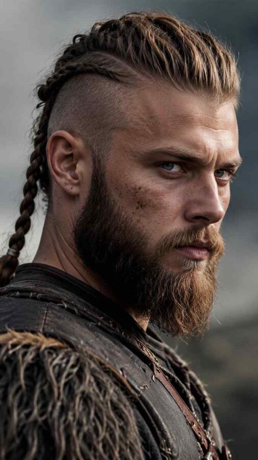 Viking hairstyle with braided long hair and beard