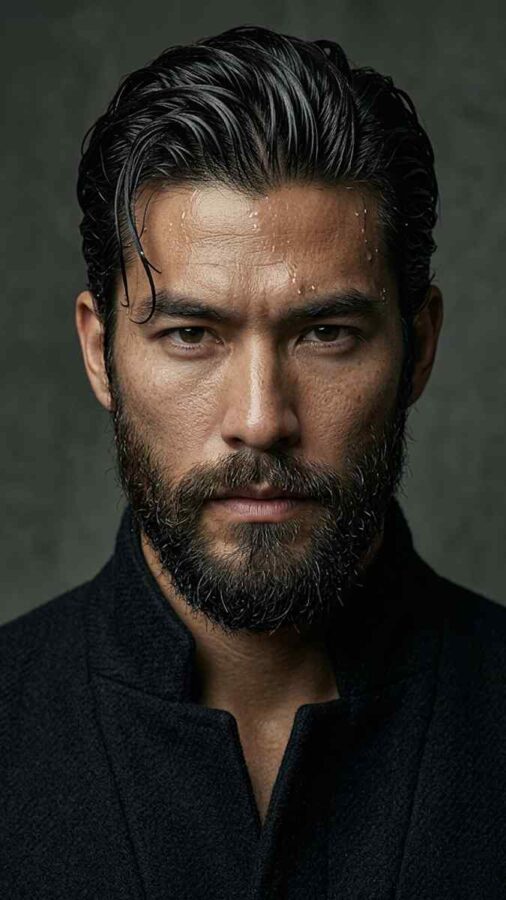 Wet hair look hairstyle with glossy texture for men