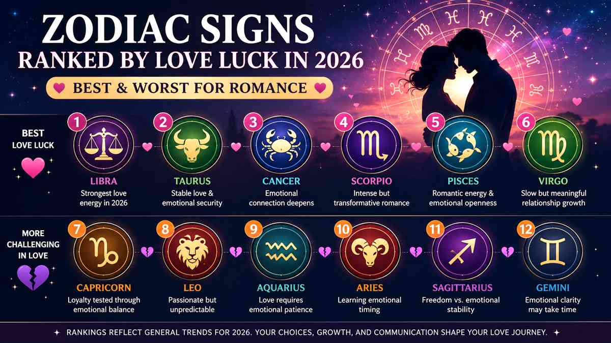 Zodiac signs ranked by love luck in 2026 showing Libra, Taurus, Cancer, Scorpio, Pisces, and Virgo as the luckiest signs in romance