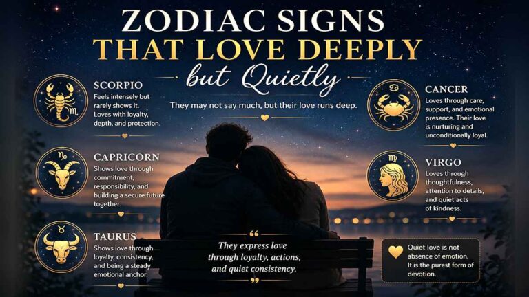 Zodiac signs that love deeply but quietly showing Scorpio, Cancer, Capricorn, Virgo, and Taurus as emotionally reserved personalities