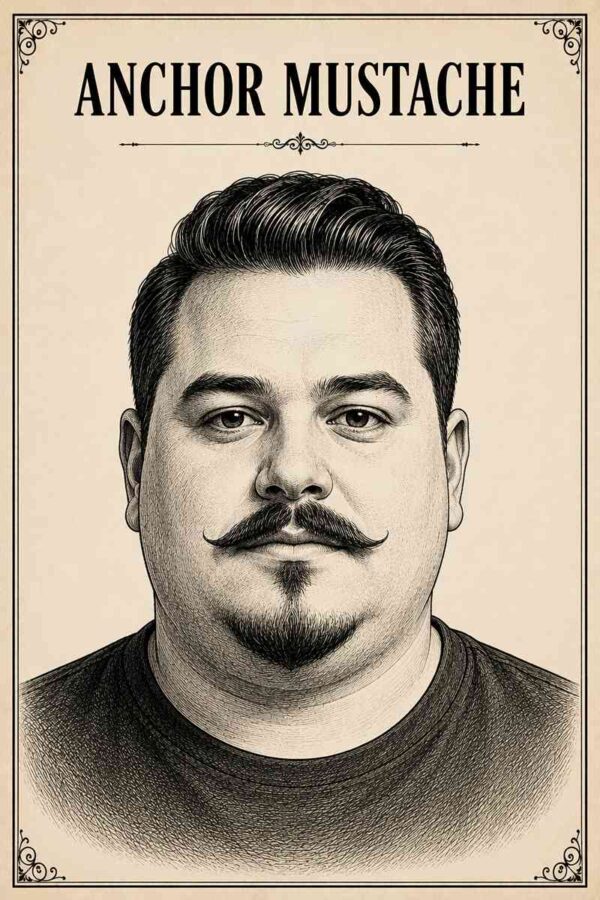 Vintage black ink illustration of a chubby-faced male model with an Anchor Mustache and subtle chin beard, featured in a luxury men's grooming infographic on a cream parchment background.