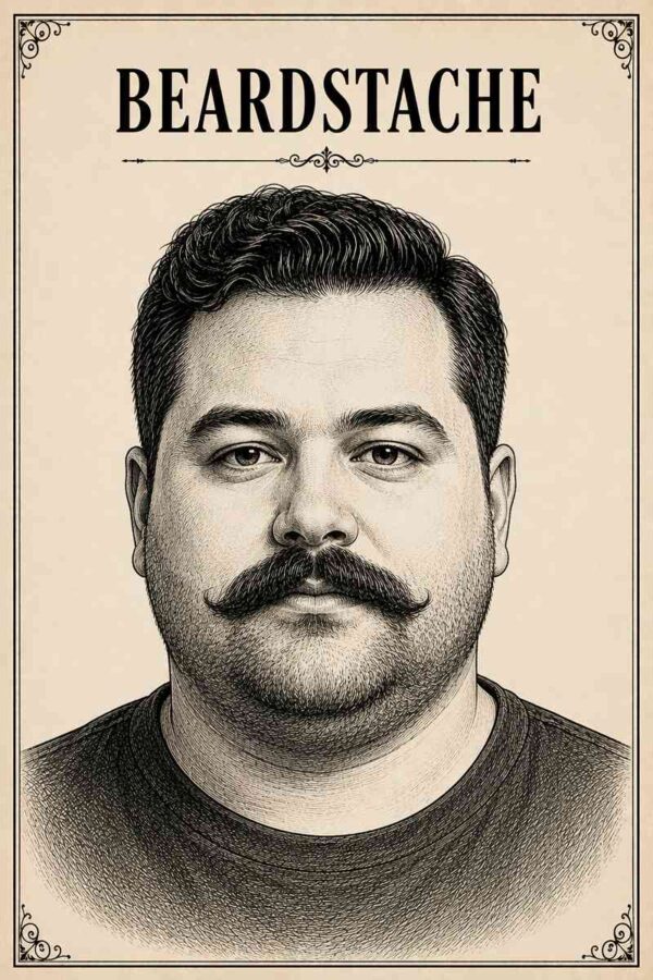 Vintage black ink illustration of a chubby-faced male model with a Beardstache, featuring a thick mustache and light stubble beard on a cream parchment background.
