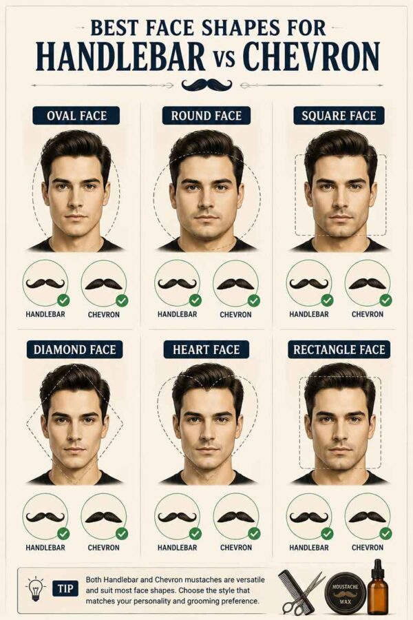 Infographic showing the best face shapes for Handlebar and Chevron mustaches.
