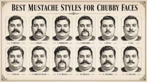 Premium infographic showing 12 best mustache styles for chubby faces, featuring vintage barbershop illustrations of different facial hair styles including Chevron, Handlebar, Walrus, Horseshoe, Dali, Imperial, and Van Dyke mustaches.