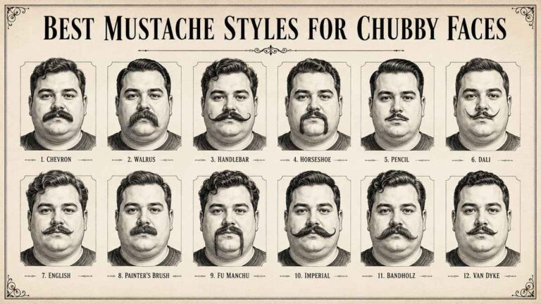 Premium infographic showing 12 best mustache styles for chubby faces, featuring vintage barbershop illustrations of different facial hair styles including Chevron, Handlebar, Walrus, Horseshoe, Dali, Imperial, and Van Dyke mustaches.