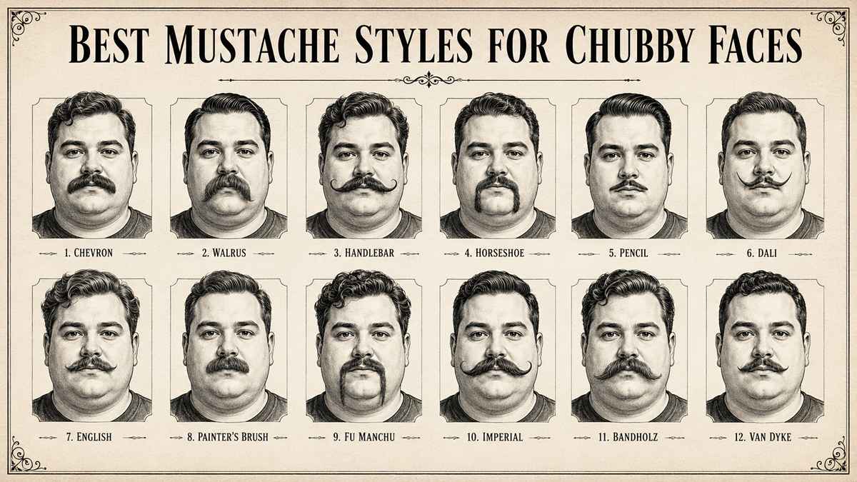 Premium infographic showing 12 best mustache styles for chubby faces, featuring vintage barbershop illustrations of different facial hair styles including Chevron, Handlebar, Walrus, Horseshoe, Dali, Imperial, and Van Dyke mustaches.