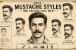 Best Mustache Styles for Oblong Face Men featuring Chevron, Natural Full, Walrus, Handlebar, and Light Stubble mustache styles in a vintage grooming guide.
