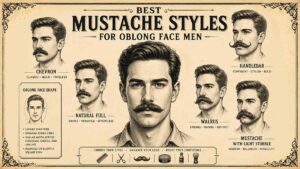 Best Mustache Styles for Oblong Face Men featuring Chevron, Natural Full, Walrus, Handlebar, and Light Stubble mustache styles in a vintage grooming guide.