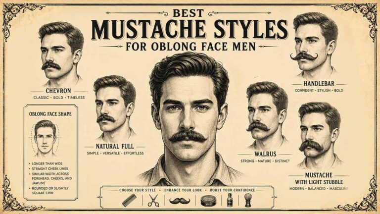 Best Mustache Styles for Oblong Face Men featuring Chevron, Natural Full, Walrus, Handlebar, and Light Stubble mustache styles in a vintage grooming guide.