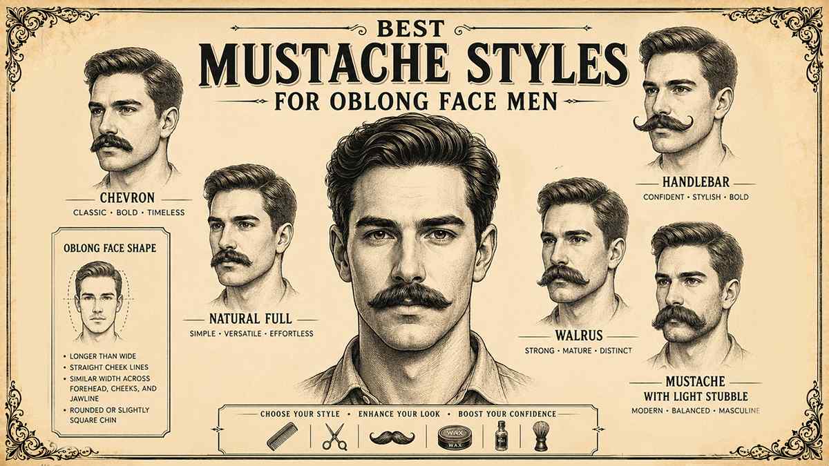 Best Mustache Styles for Oblong Face Men featuring Chevron, Natural Full, Walrus, Handlebar, and Light Stubble mustache styles in a vintage grooming guide.