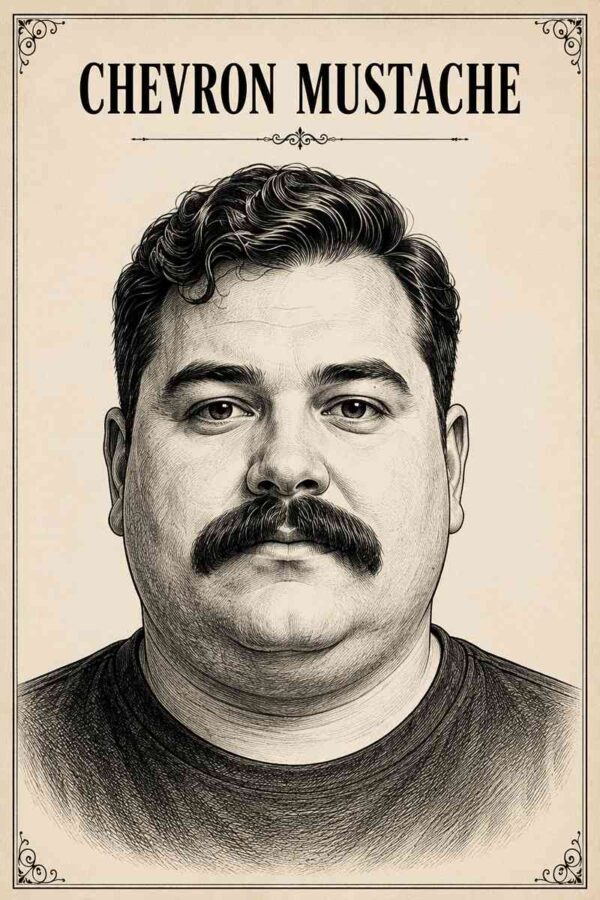 Vintage black ink illustration of a handsome chubby-faced man with a classic Chevron mustache, designed in a luxury barbershop grooming guide style on a cream background.