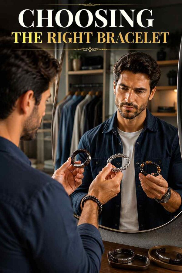 Stylish man comparing leather, metal, and beaded bracelets in front of a mirror while choosing the right bracelet for his outfit.