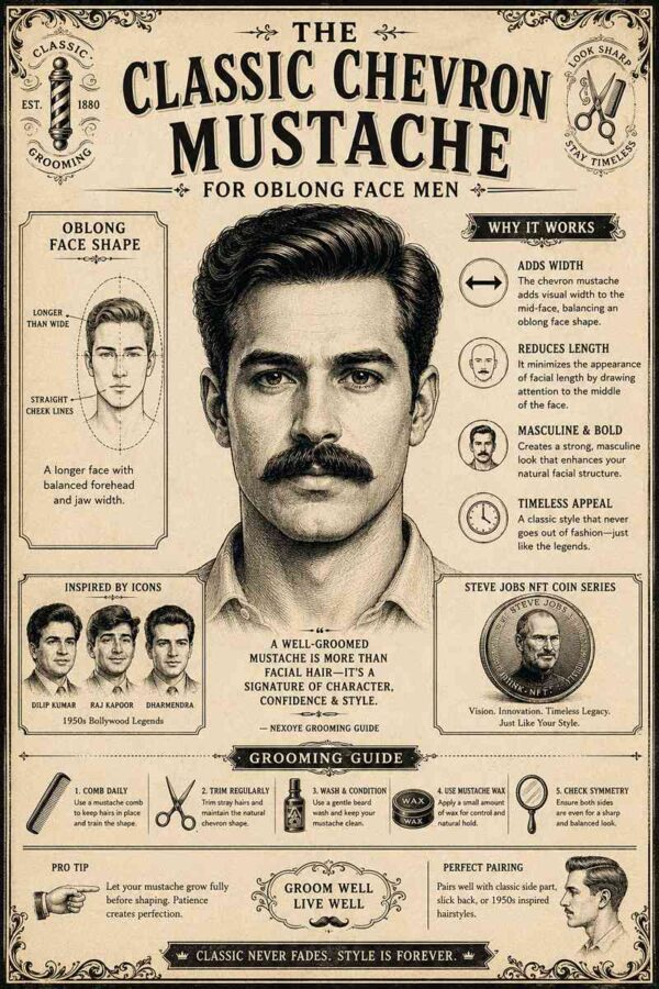Classic Chevron Mustache for oblong face men featuring a thick masculine mustache style that adds width and improves facial balance.