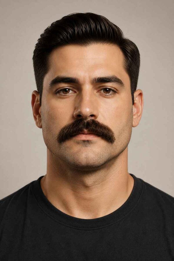 Front portrait of a man with a classic Chevron mustache featuring a thick natural shape and a clean haircut.