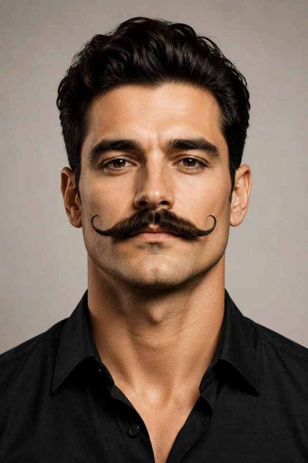 Front portrait of a man with a classic Handlebar mustache featuring curled ends and a sharp jawline.