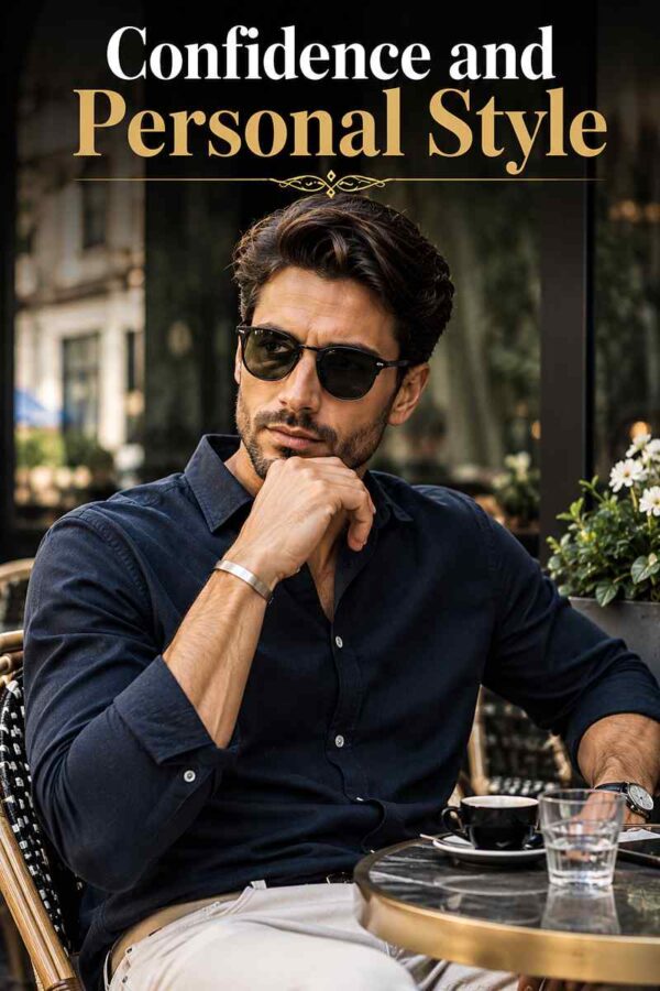 Well-dressed modern man sitting at an outdoor café wearing a subtle bracelet and smart casual outfit, expressing confidence and personal style.